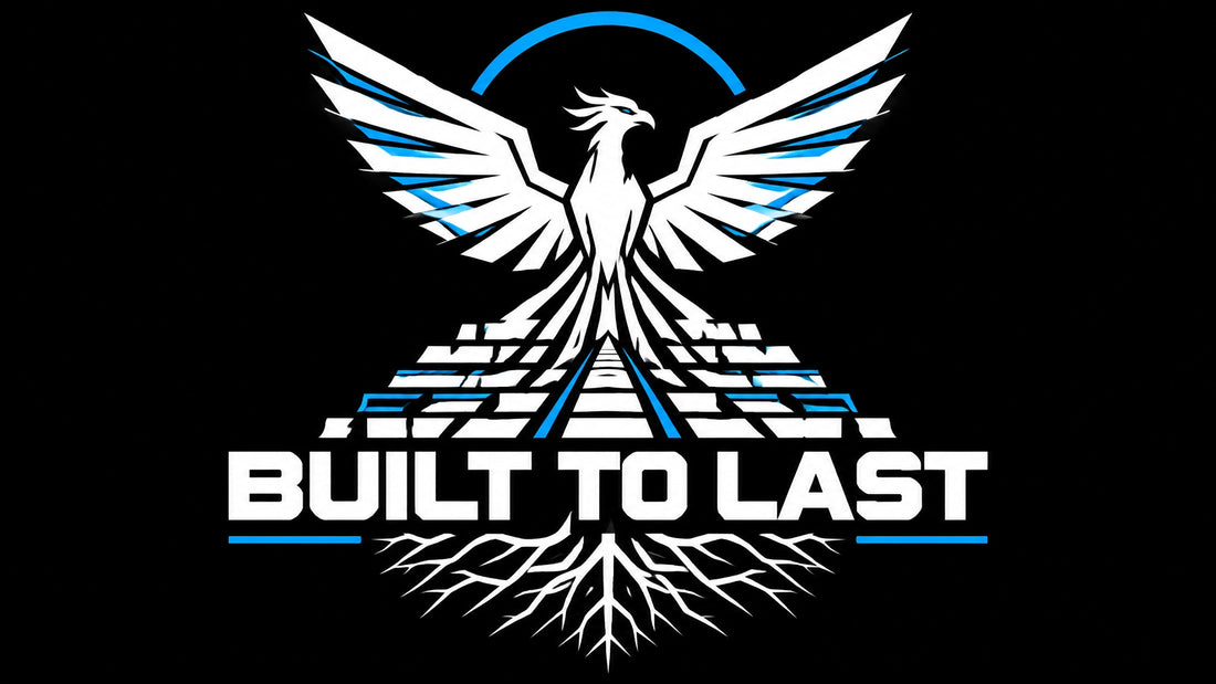 Cyberpunk-inspired phoenix rising from an architectural foundation with the words Built to Last