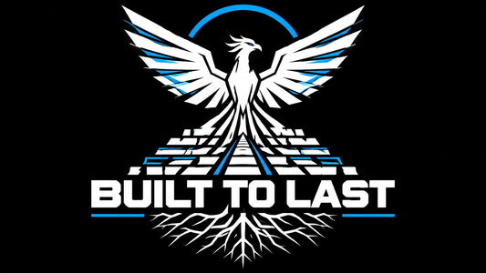 Cyberpunk-inspired phoenix rising from an architectural foundation with the words Built to Last