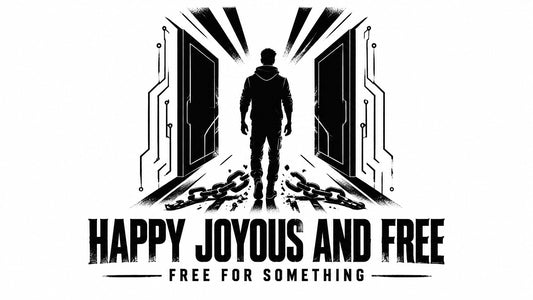 Black-and-white cyberpunk-inspired artwork of a person stepping through an open doorway beneath the words Happy Joyous and Fr