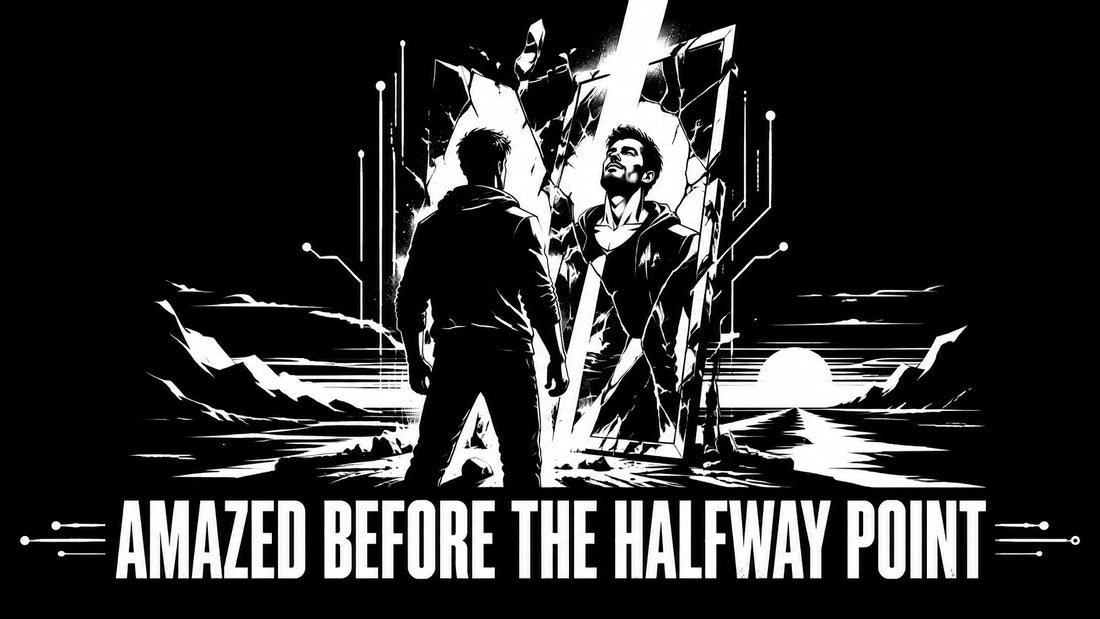 Black-and-white cyberpunk-inspired recovery artwork showing a person facing a fractured mirror with light passing through the