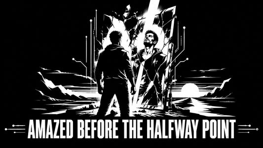 Black-and-white cyberpunk-inspired recovery artwork showing a person facing a fractured mirror with light passing through the