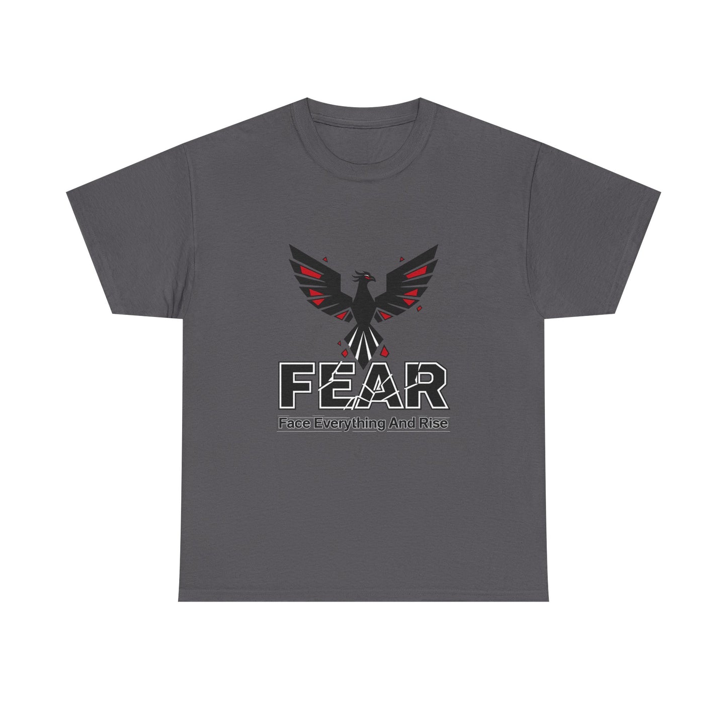 Charcoal FEAR cotton T-shirt with phoenix artwork and the words Face Everything And Rise